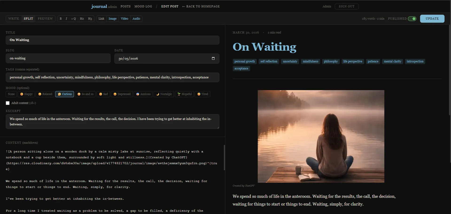 Preview image of custom created Admin New Entry/Edit Entry Markdown Content Editor